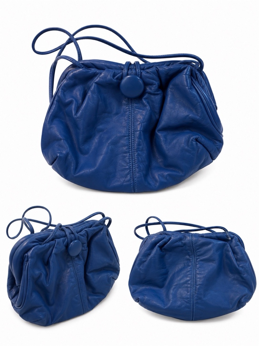 Blue Leather Drawstring Shoulder Bag Real Leather Vintage 80s